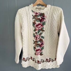 Vintage Rachel Max cream knit floral‎ sweater M bobble lace hem cottagecore